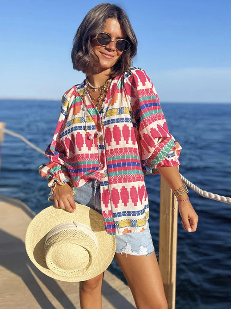 Long Sleeve Colorful Geometric Print Blouse