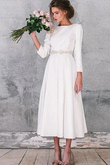 Natural Long Sleeve Taffeta Weddig Dress