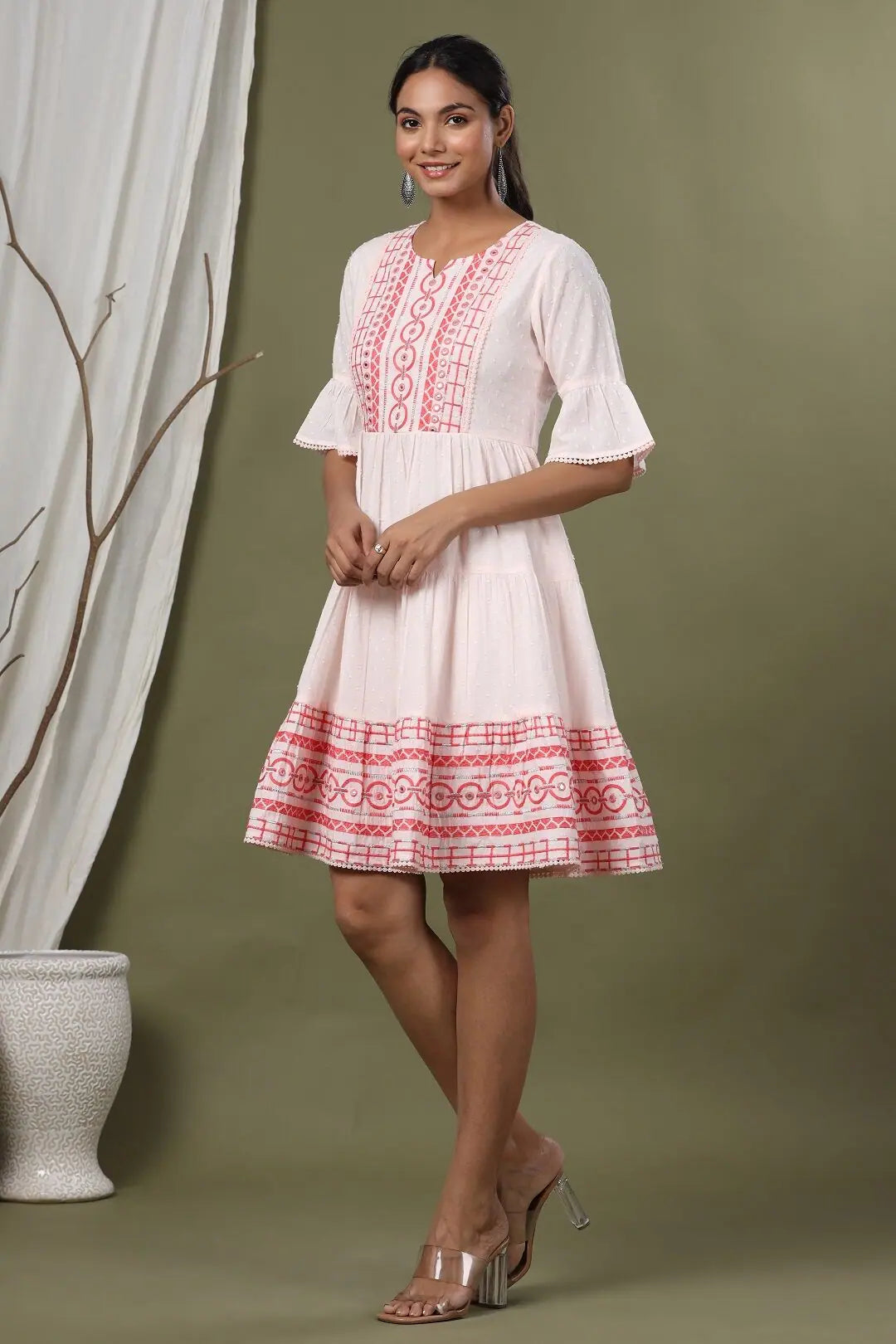 Juniper Peach Cotton Dobby Festive Embroidered Tiered Dress For Women