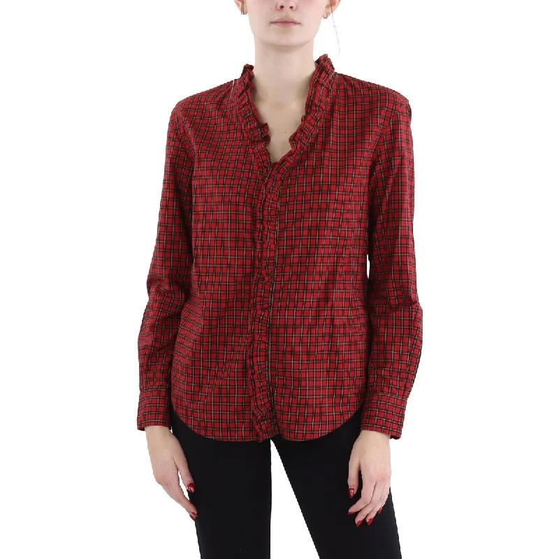 Womens Ruffled Long Sleeve Button-Down Top