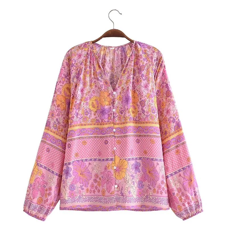 Pink Hibiscus Boho Floral Print Long Sleeve Blouse