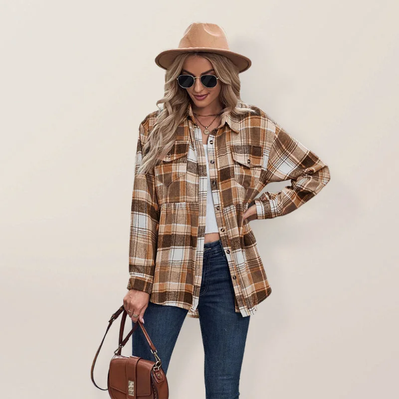 Classic Plaid Peplum Buttoned Shirt Jacket: Lapel Collar, Long Sleeves