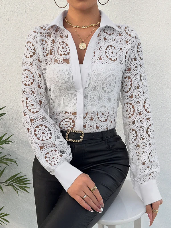 Lace See-Through Long Sleeve Shirt | Collared Blouse