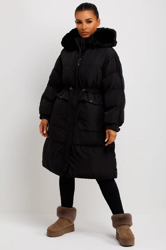 Long Black Puffer Coat With Faux Fur Hood And Drawstring Waist