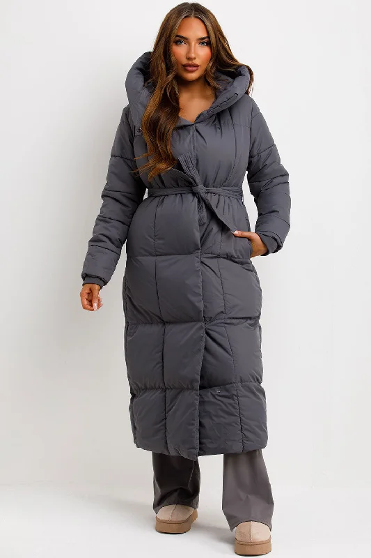 Long Puffer Coat With Hood And Belt Grey