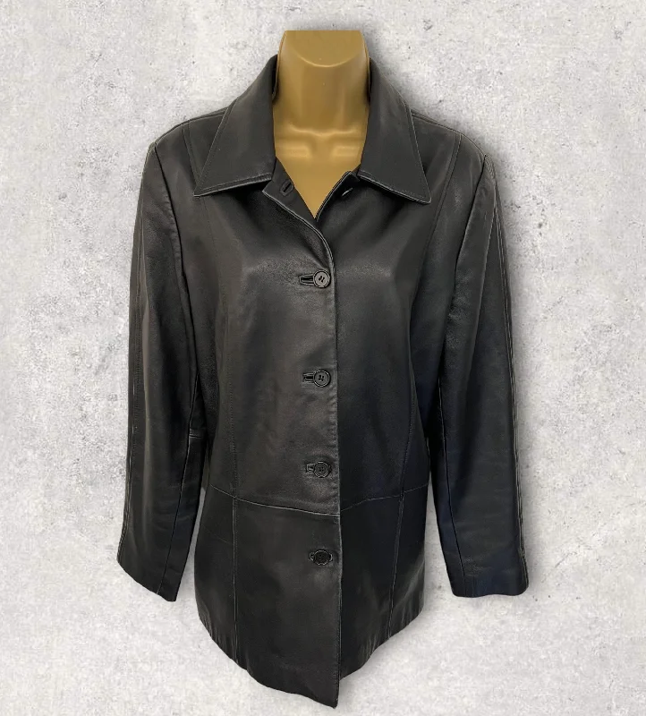 Marks and Spencer Black Vintage Soft Leather Box Jacket UK 14 US 10 EU 42