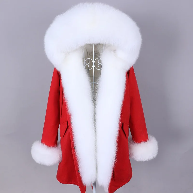 Winter Style Women's Real Fox Fur Collar Long Hooded Parkas Jacket