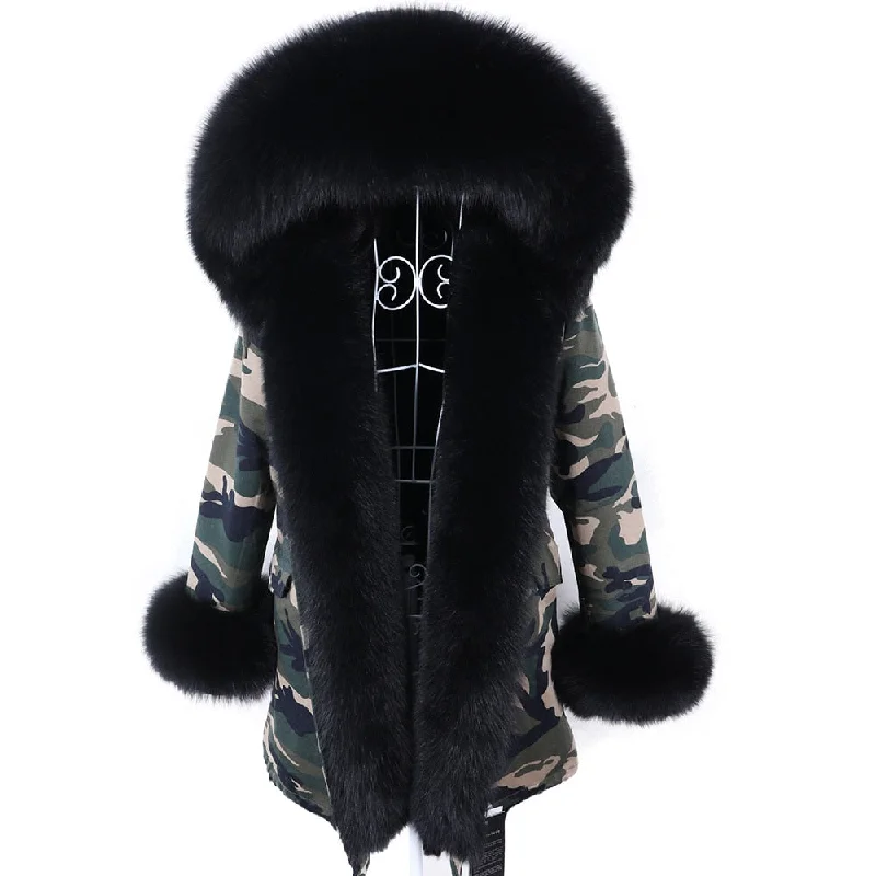 Women's Winter Fashion Removable Real Fur Collar Long Hooded Jacket