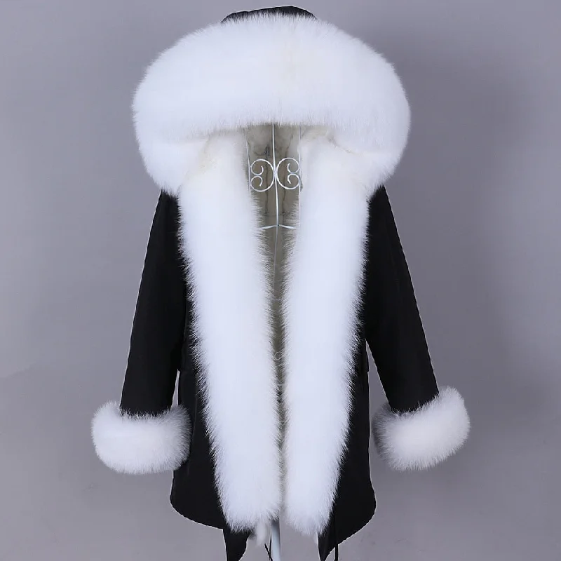 Women's Winter Fashion Super Big Real Fox Fur Collar Hooded Jacket