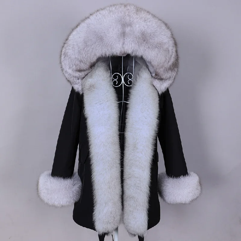 Women's Winter Super Big Real Fox Fur Removable Collar Parkas Jacket