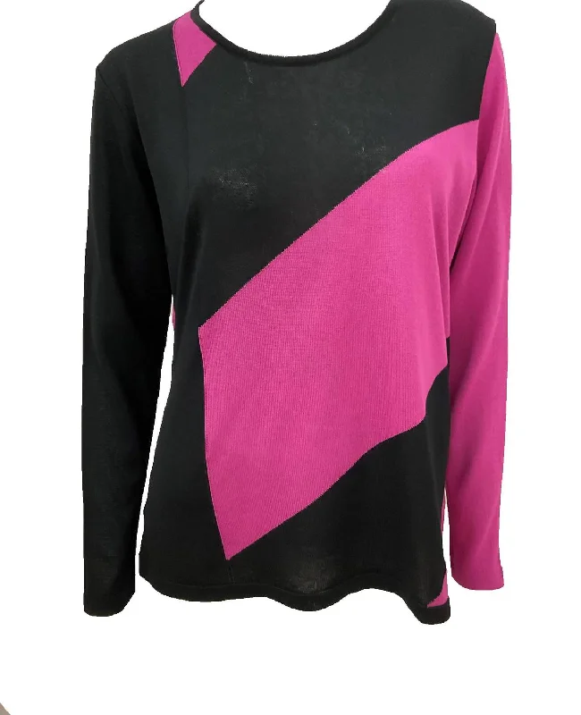 3/4 Sleeve Abstract Crew Top In Black/magenta