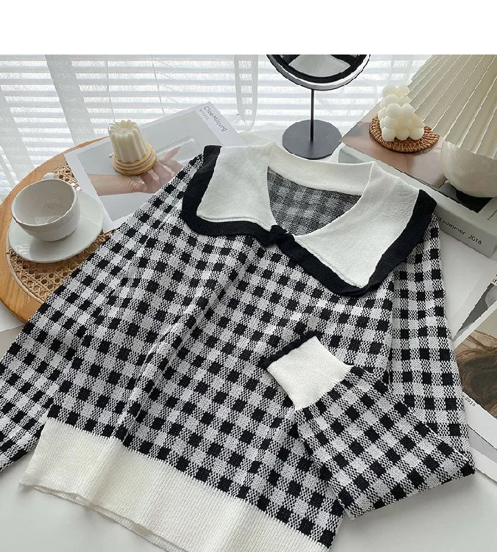 Aging sweet contrast checked doll collar Pullover Top  6678