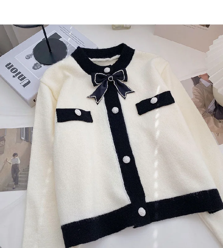 Bow small fragrance retro color matching long sleeved knitted cardigan  6495