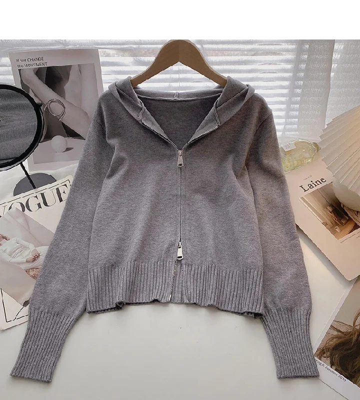 Cardigan knitted coat Long Sleeve hooded top  6547