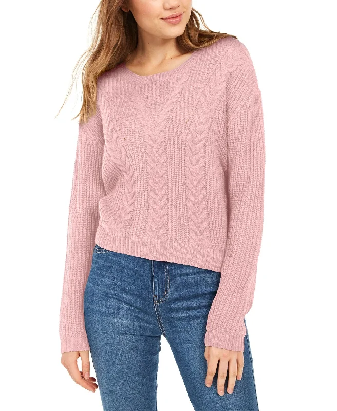 Crave Fame Women's Lace-Up Back Cable Sweater Pink Size Large