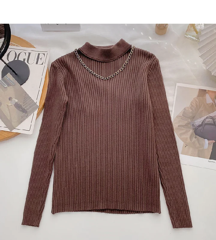 Design sense knitwear stand collar chain long sleeve top  6527