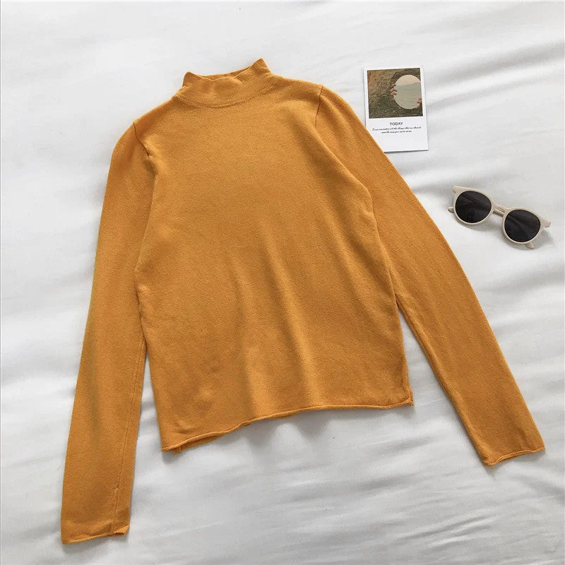 High neck sweater women's solid slim long sleeve Pullover Top  6454