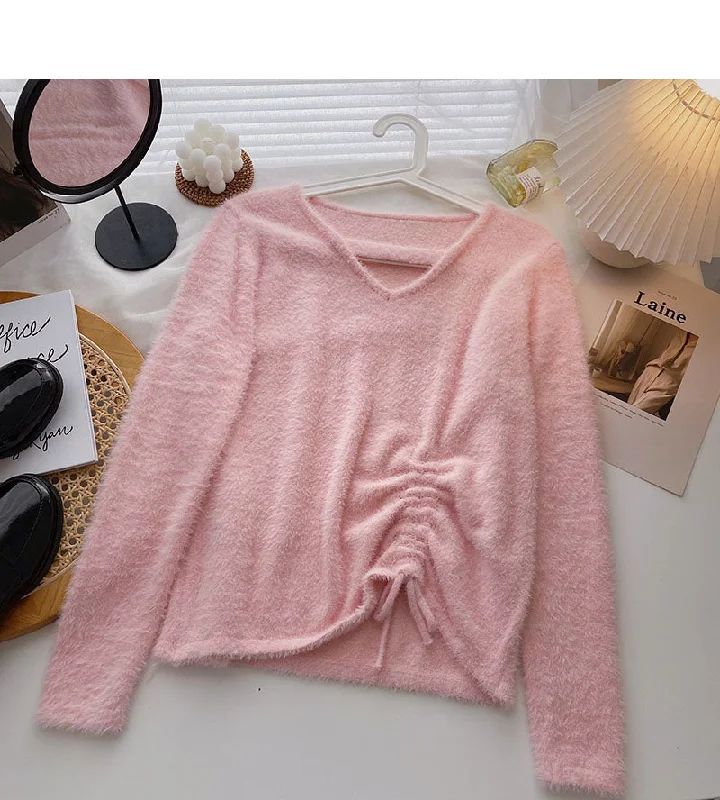 Imitation mink sweater niche V-neck drawstring slim top  6577