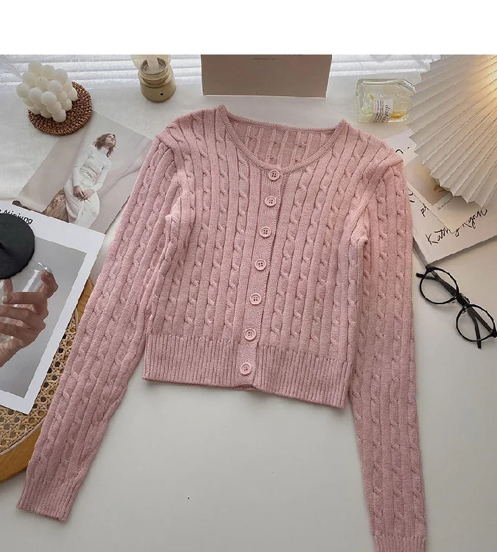 Knitted cardigan coat French retro short twist long sleeve top  6644