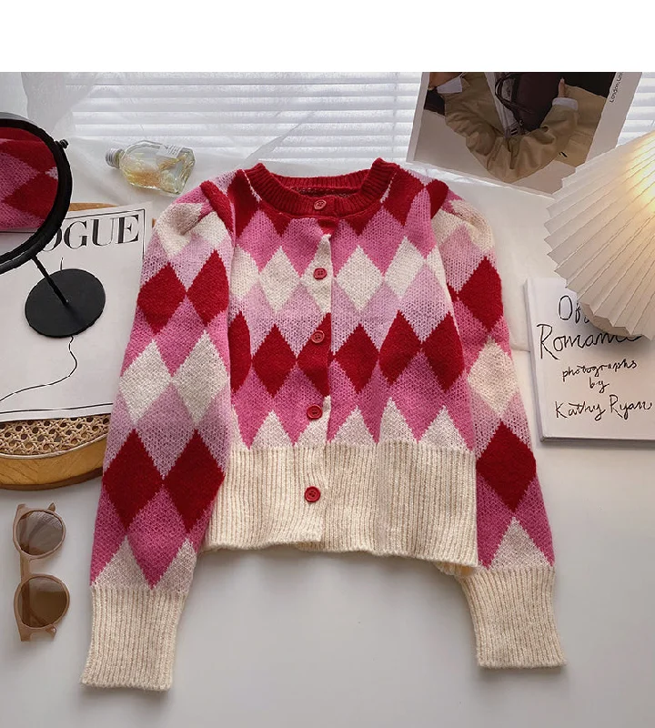 Lingge contrast color sweet retro long sleeved sweater  6206