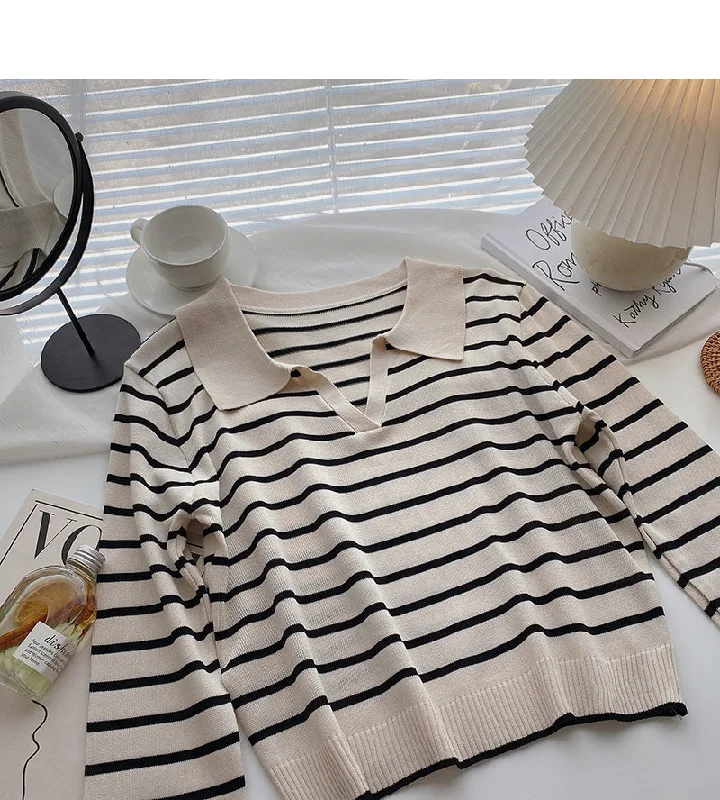 Long sleeve loose stripe Lapel Pullover Top  6452