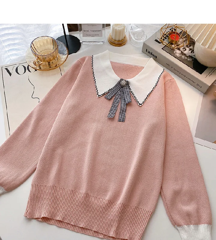 Long sleeve T-shirt design sense nail bead contrast bow top  6605