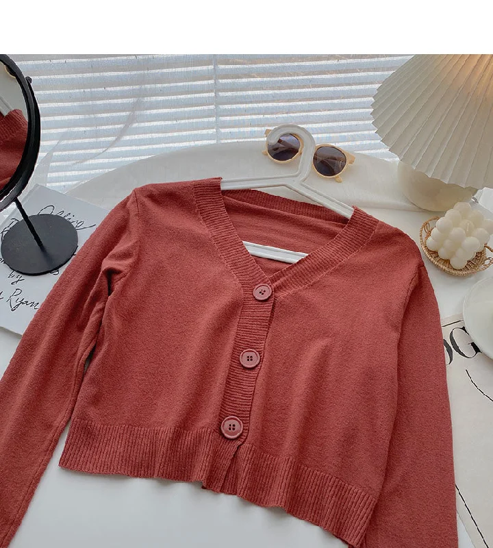 Long sleeve V-neck short T-shirt solid small coat  6442