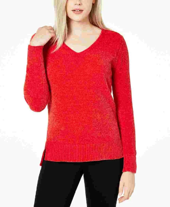 Maison Jules Women's Long Sleeve V Neck Hoodie Sweater Red Size Small