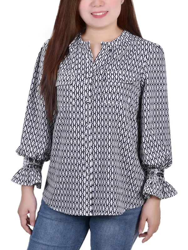 Petites Womens Button Down Crew Neck Blouse