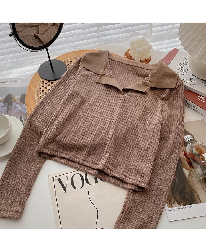 Simple casual short Lapel Pullover long sleeve top  6665