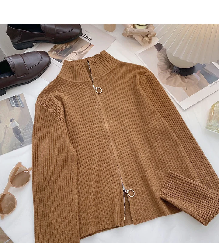 Slim fit short slim design zipper stand collar long sleeve top  6672