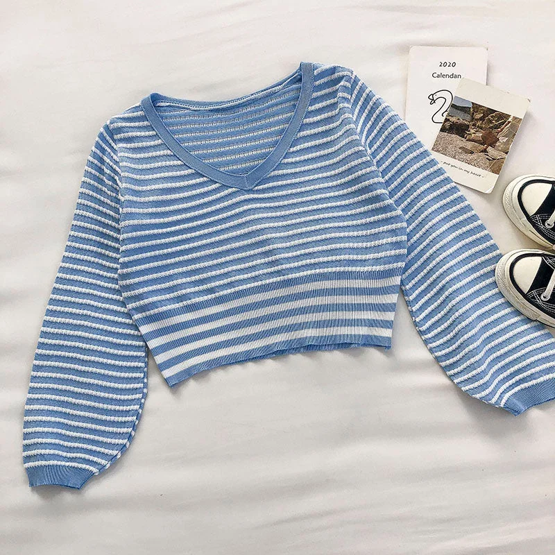 Small fresh stripe knitted sweater Lantern Sleeve short top  6543