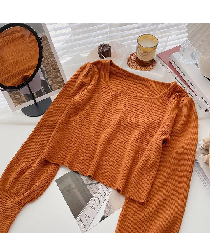 Small man's sweater solid color square neck long sleeve short top  6589