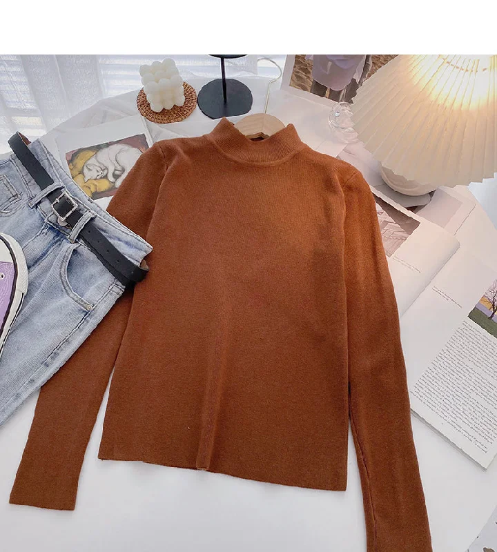 Solid color simple and versatile stand collar Pullover long sleeve Knitted Top  6655