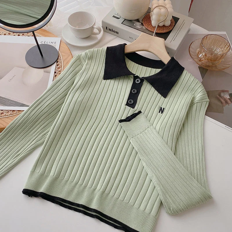 Versatile age reducing threaded sweater slim fit top  6624