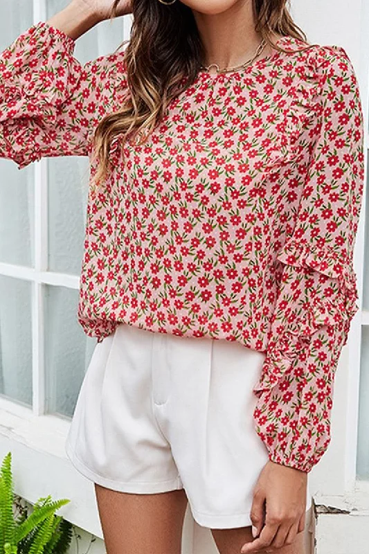 WOMEN RUFFLE SLEEVE CREW NECK FLORAL BLOUSE