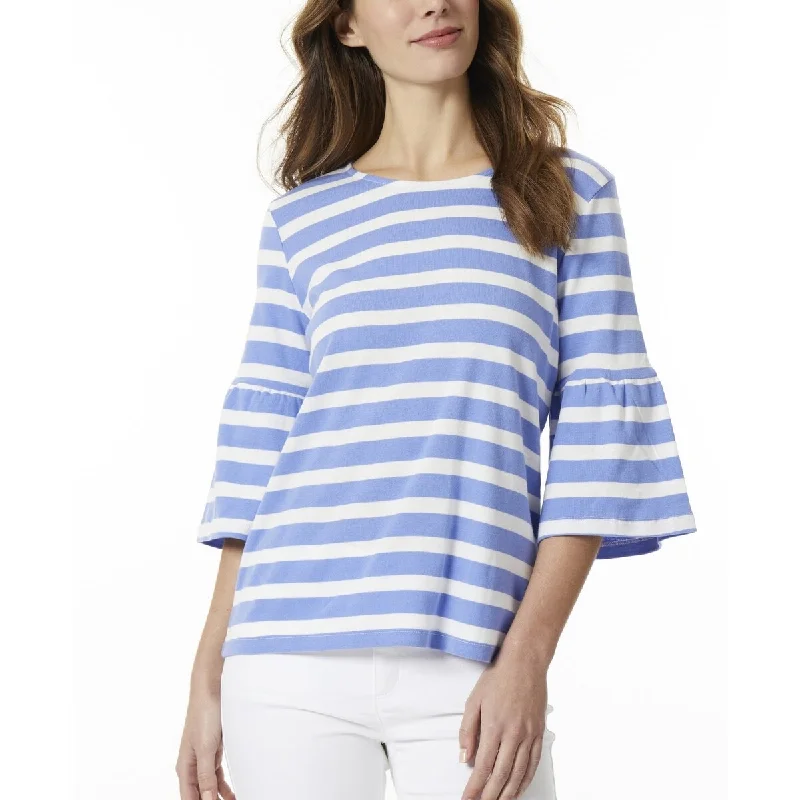 Jones New York Women's Stripe Cotton Crew Neck Elbow Bell Sleeve Top Blue Size Large