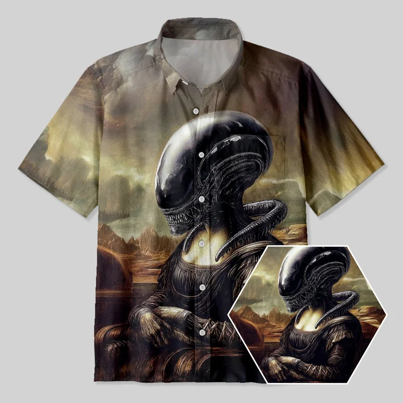 Alien Mona Lisa Button Up Pocket Shirt