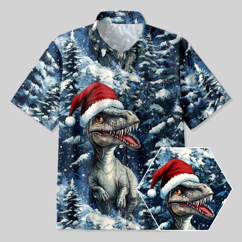 Christmas Cedar Jurassic Dinosaur Button Up Pocket Shirt