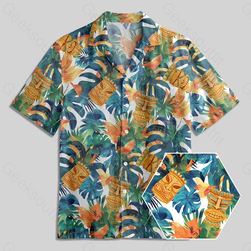 Hawaiian Tiki Mask Button Up Pocket Shirt