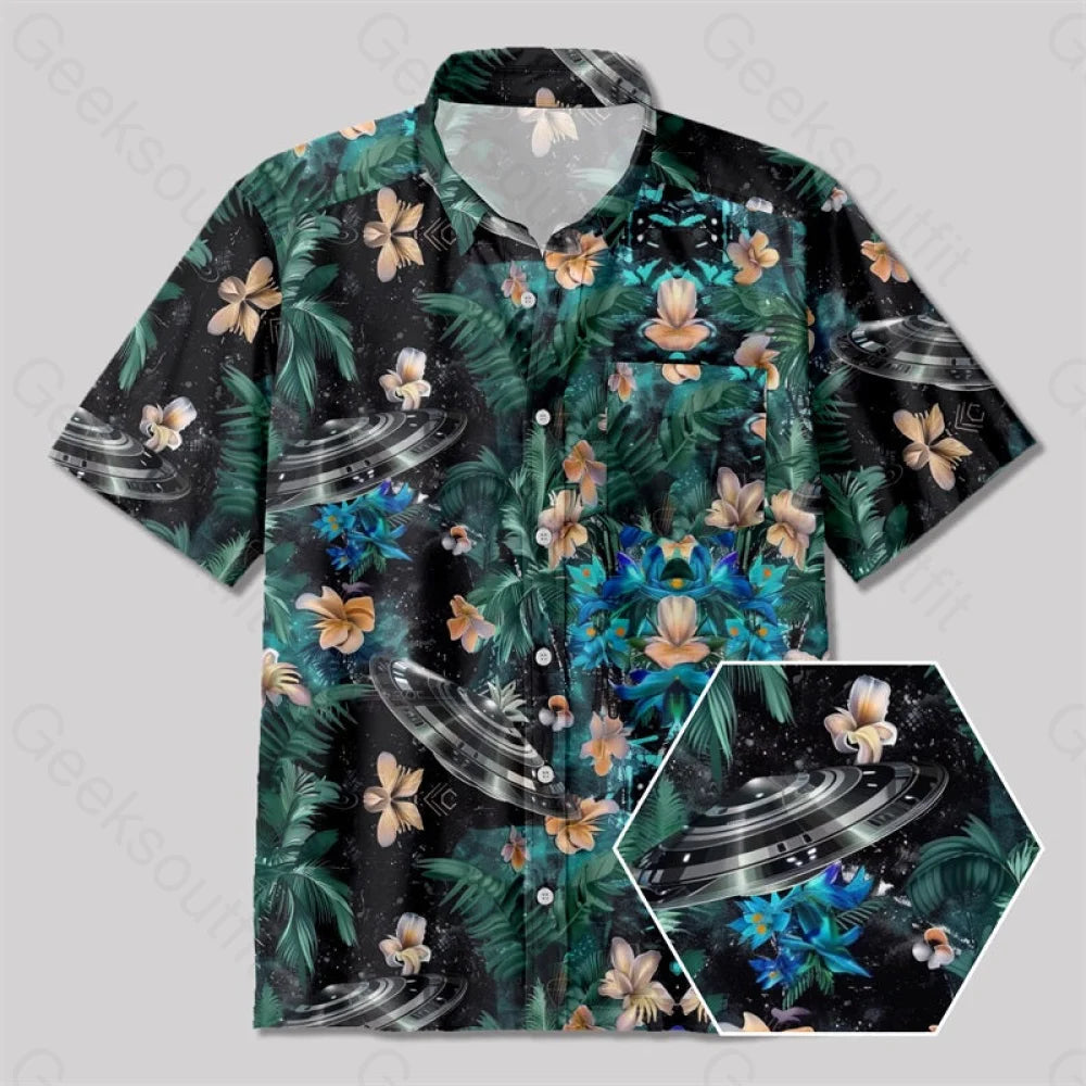 Hawaiian Wind UFO Flying Saucer Button Up Pocket Shirt