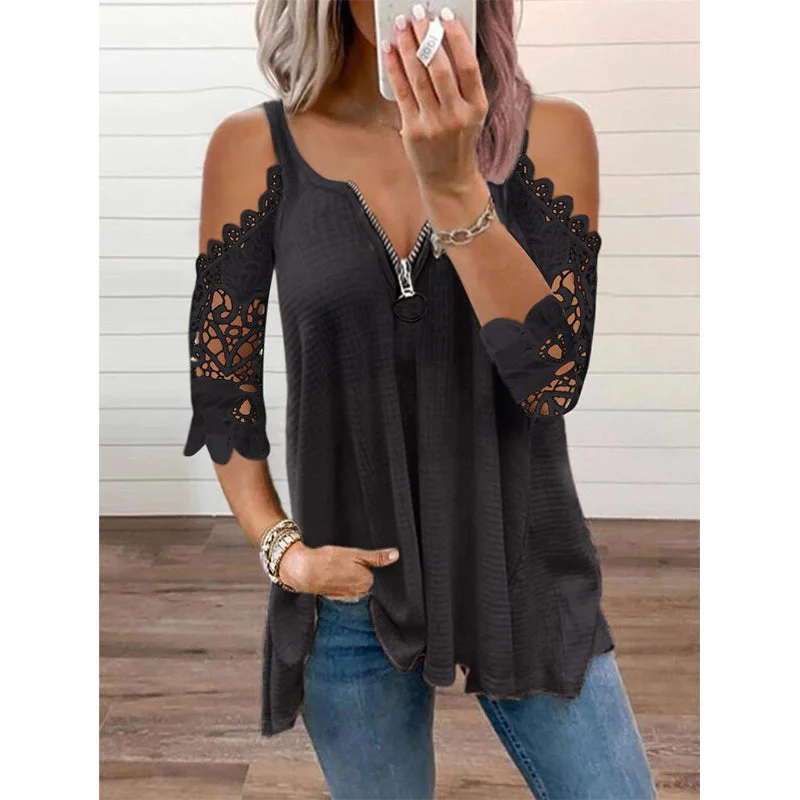 Hollow Out Lace Half Sleeve Zipper T Shirt