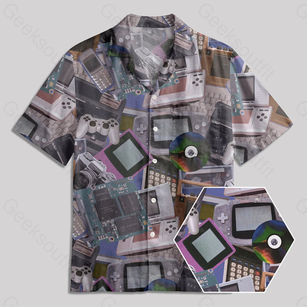 Retro Gaming Consoles And Tech Gadgets Button Up Pocket Shirt