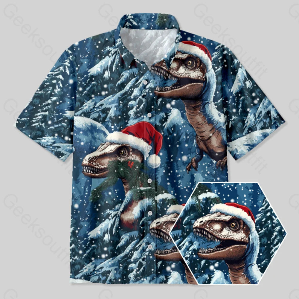 Snow Christmas Jurassic Dinosaur Button Up Pocket Shirt