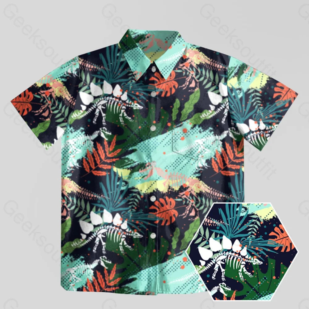 Stegosaurus Bones Footprints Green Dinosaur Button Up Pocket Shirt