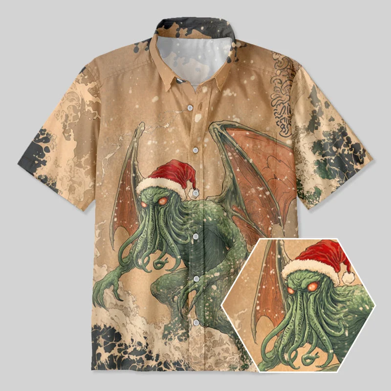 Ukiyoe Christmas Surfing Cthulhu Button Up Pocket Shirt