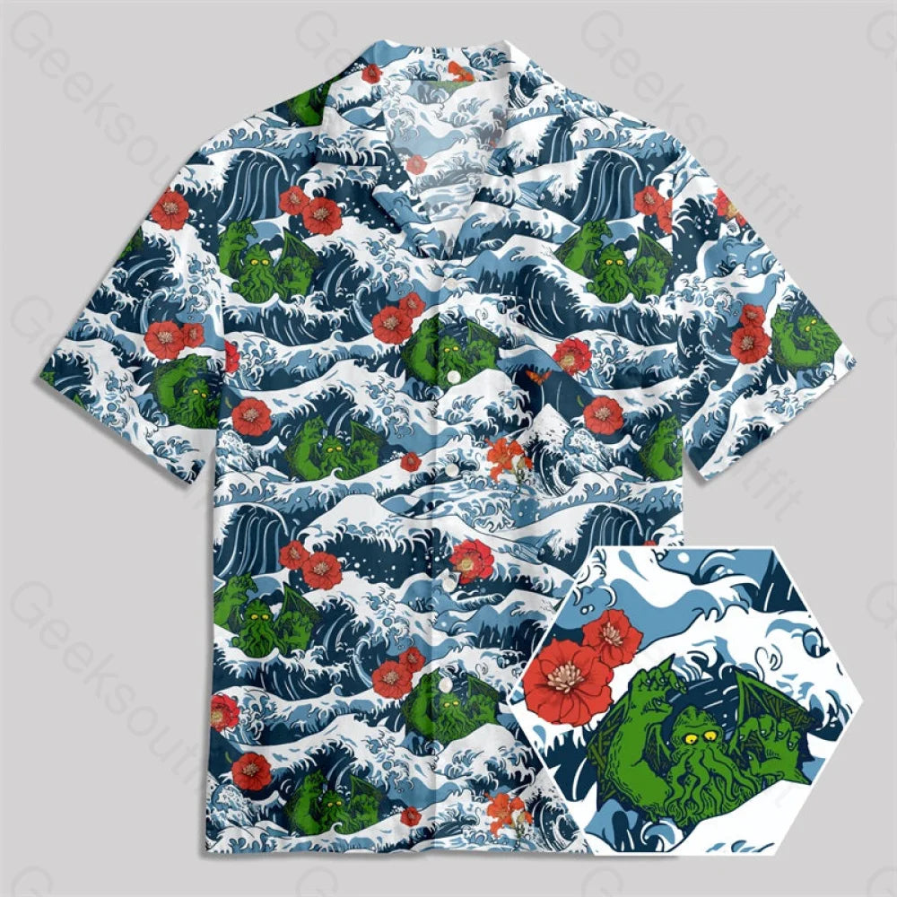 Ukiyoe Waves Cthulhu Button Up Pocket Shirt