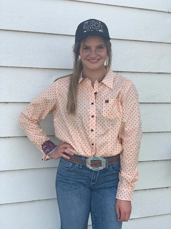 Women's Peach And Cranberry Dot Print Button-up Shirt