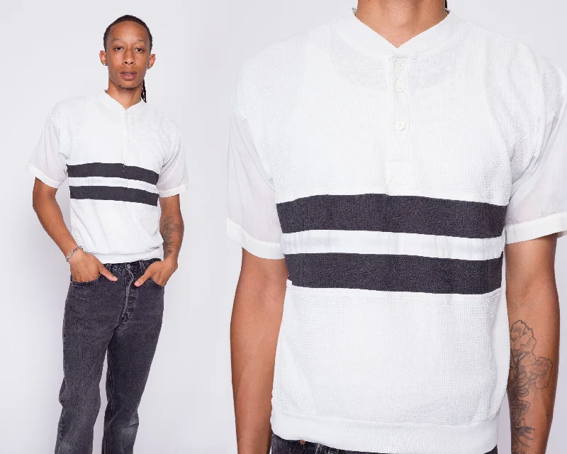 80s White & Black Striped Henley Shirt - Men's Medium to Large