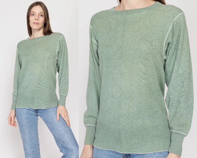 Large 80s Faded Sage Green Waffle Knit Thermal Shirt Unisex